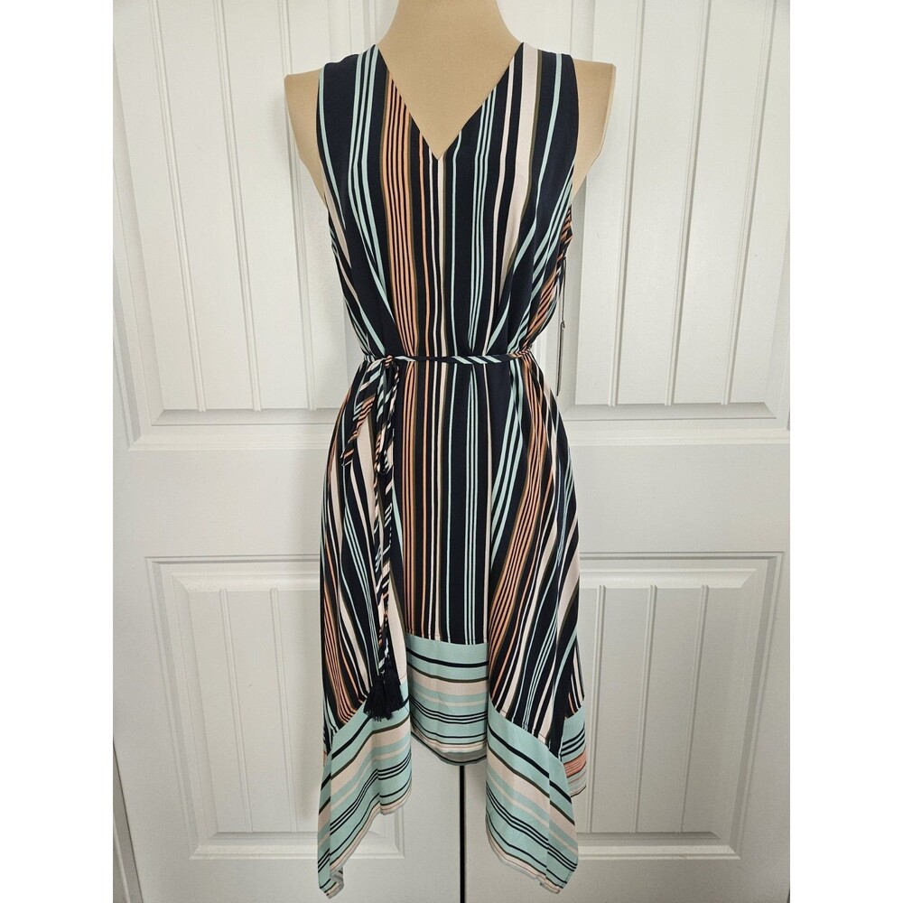 Vince Camuto Mosaic Seas Mood Indigo Striped Handkerchief Dress W/ Tie Belt Sz S